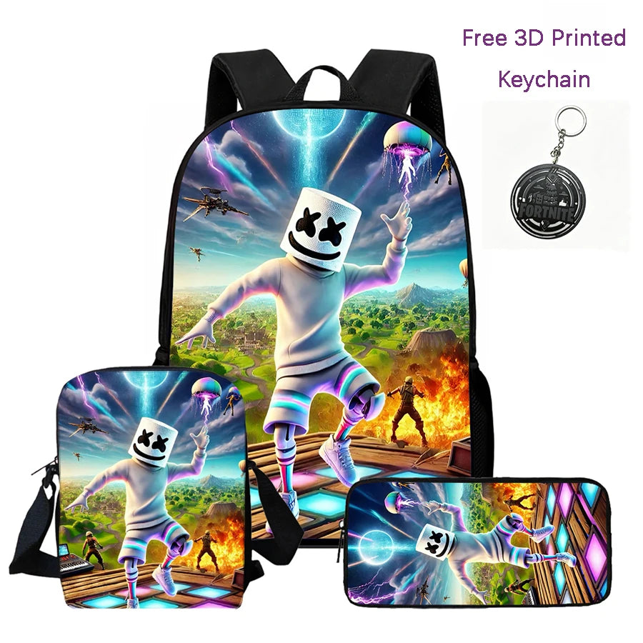 3Pcs Kids Backpack Set, Crossbody & Pencil Bag, FORTNITE Cartoon Bag, Lightweight for Boys Girls 6-10, Free 3D Printed Keychain