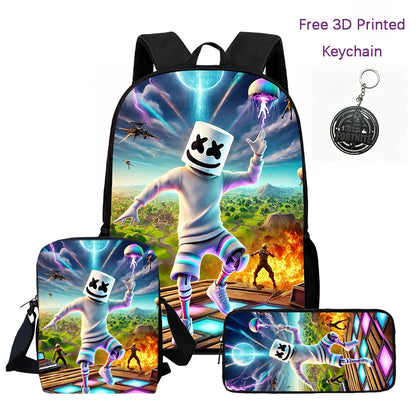 3Pcs Kids Backpack Set, Crossbody & Pencil Bag, FORTNITE Cartoon Bag, Lightweight for Boys Girls 6-10, Free 3D Printed Keychain