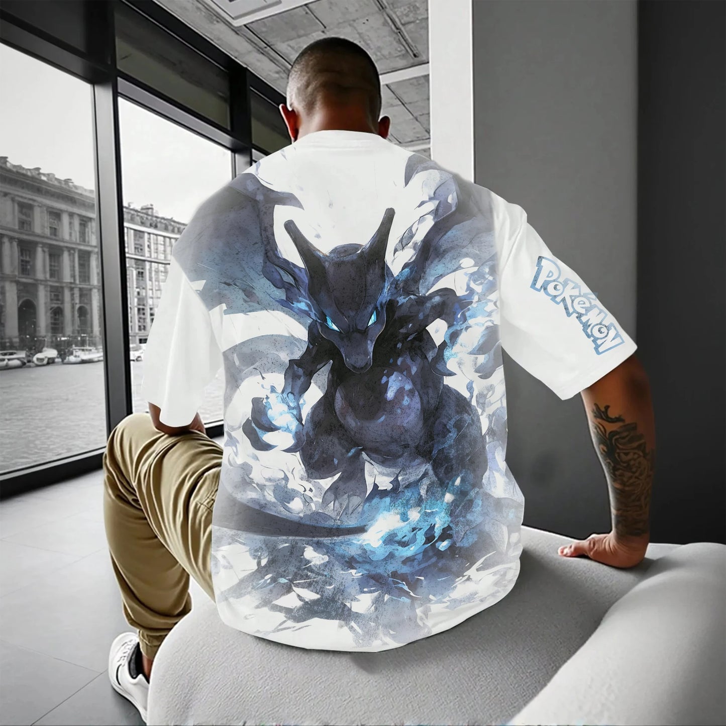 Classic Anime Pokemon Charizard Blue Flame Dragon Print Unisex Oversized Short Sleeve T-Shirt Streetwear Tops for Men and Women