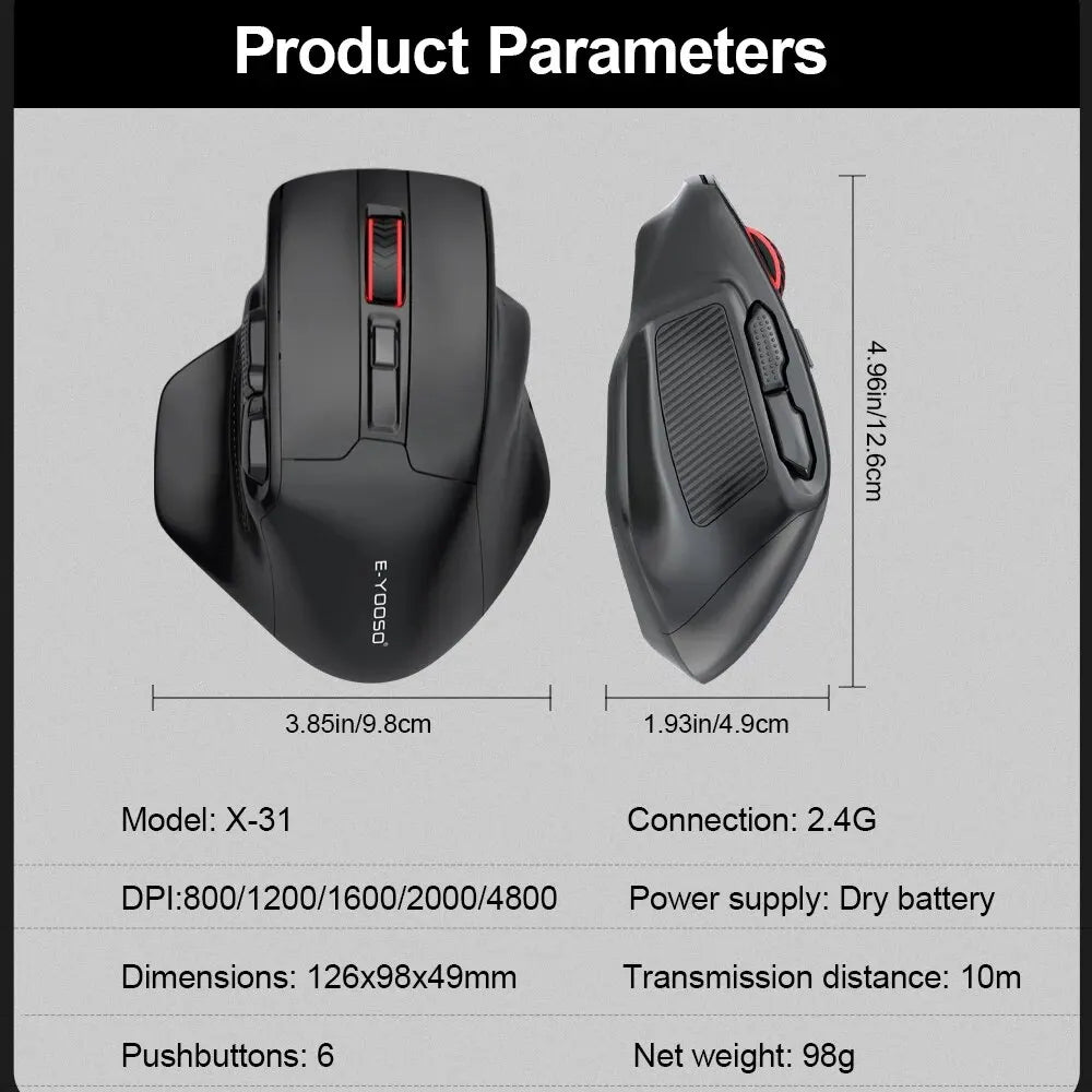 E-YOOSO X-31 USB 2.4G bezprzewodowa duża mysz gamingowa dla dużych dłoni PAW3212 4800 DPI 5 przycisków dla graczy komputer laptop PC