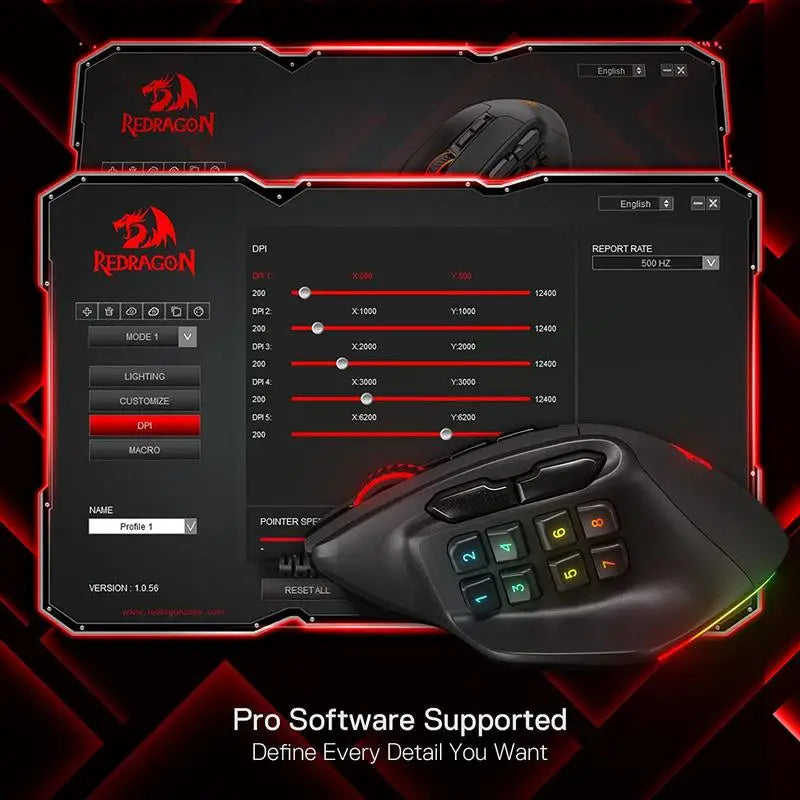 Rato Gaming MMO Redragon M811 Aatrox, rato gamer RGB com fios e 15 botões programáveis, com construção ergonómica para uma pega natural
