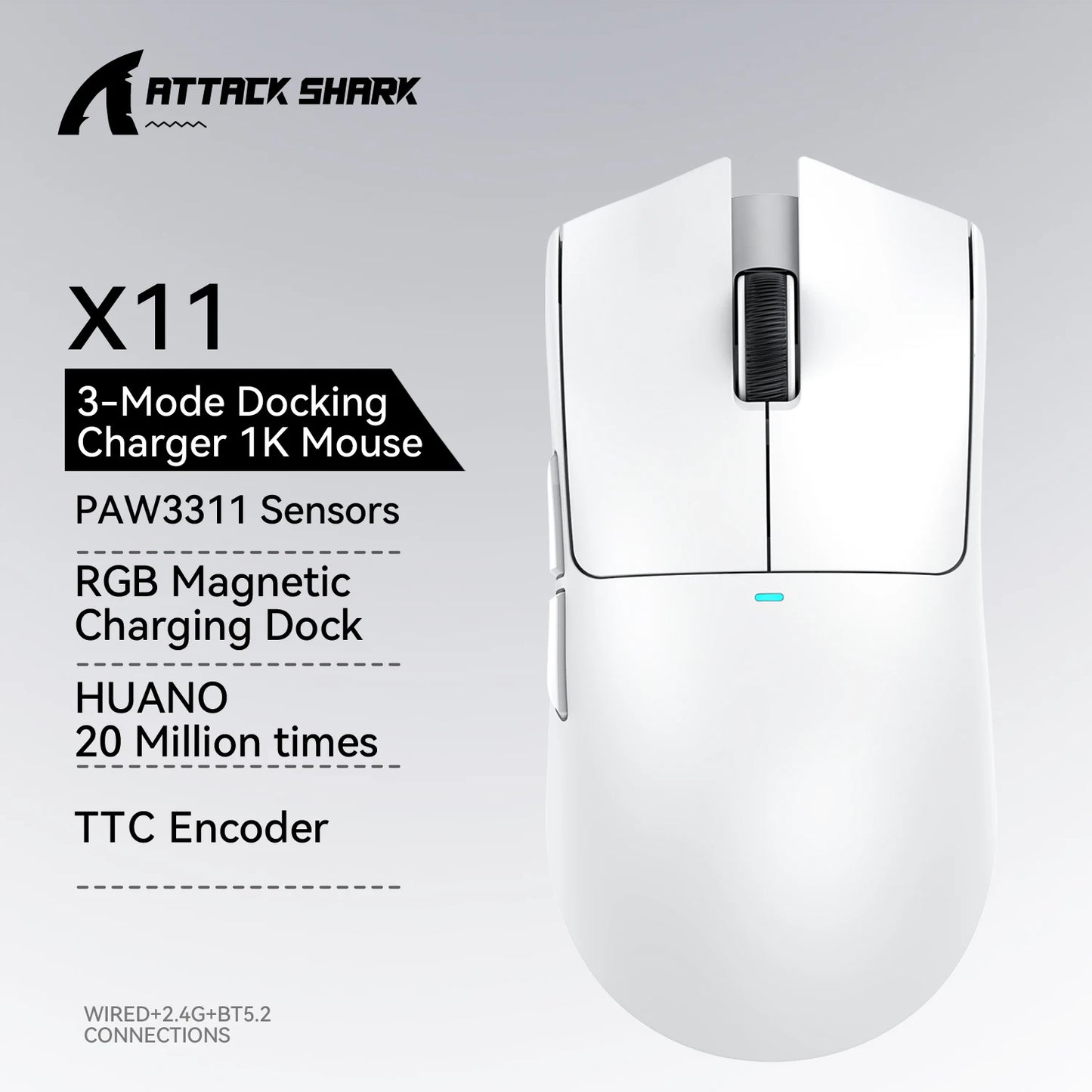 Rato gaming ATTACK SHARK X11 e rato sem fios X11 SE 22000 DPI, sensor PAW3311, BT/2.4G/com fios, leve 59g, 2000W cliques