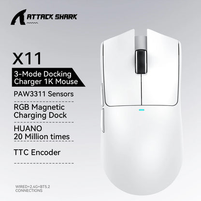 Rato gaming ATTACK SHARK X11 e rato sem fios X11 SE 22000 DPI, sensor PAW3311, BT/2.4G/com fios, leve 59g, 2000W cliques