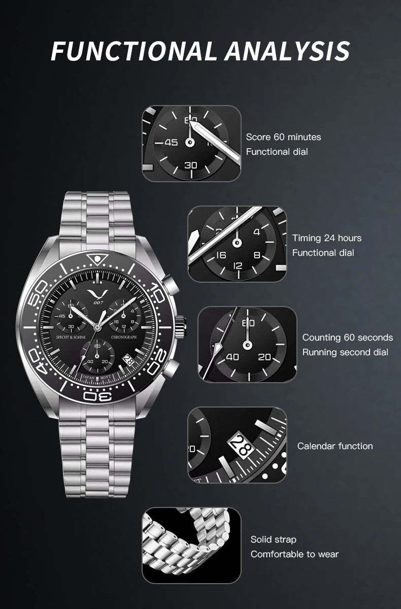 New 007 Specht&Sohne Sports Watches for Men Top Brand Luxury Steel Wrist Watch Fashion Japan VK68 Chronograph