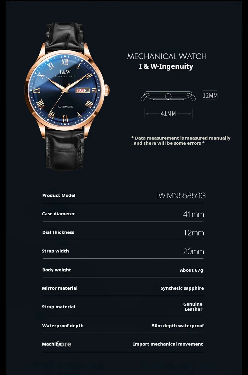 Carnival Brand High-end Series I&W Mechanical Watches Luxury Sapphire MIYOTA Movement Automatic Watches HD Luminous Reloj Hombre