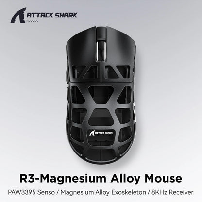 Rato ATTACK SHARK R3 8KHz em liga de magnésio, sensor PixArt PAW3395, até 26000 DPI, 2.4G/BT/com fios, ultraleve de 46g, para PC/Mac