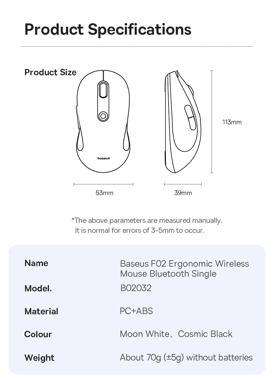 Baseus Wireless Mouse Bluetooth 5.3 Ergonomic Silent Mouse, 2.4GHz Rechargeable Office Mouse with 7 Buttons, Adjustable DPI for Laptop, MacBook, PC & Tablet