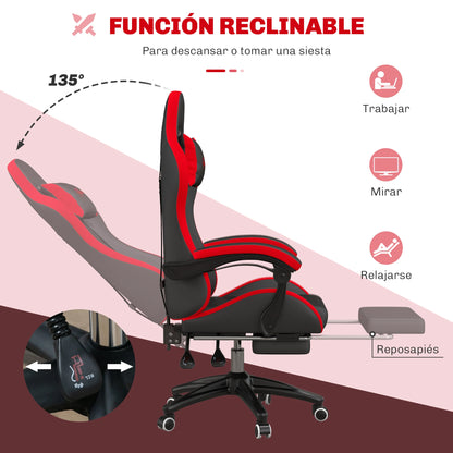 Vinsetto Ergonomic Reclining Gaming Chair 135°, PU Leather Racing Gamer Chair with Lumbar Support, Adjustable Height, Headrest and Retractable Footrest, for Office, Study, Black and Red