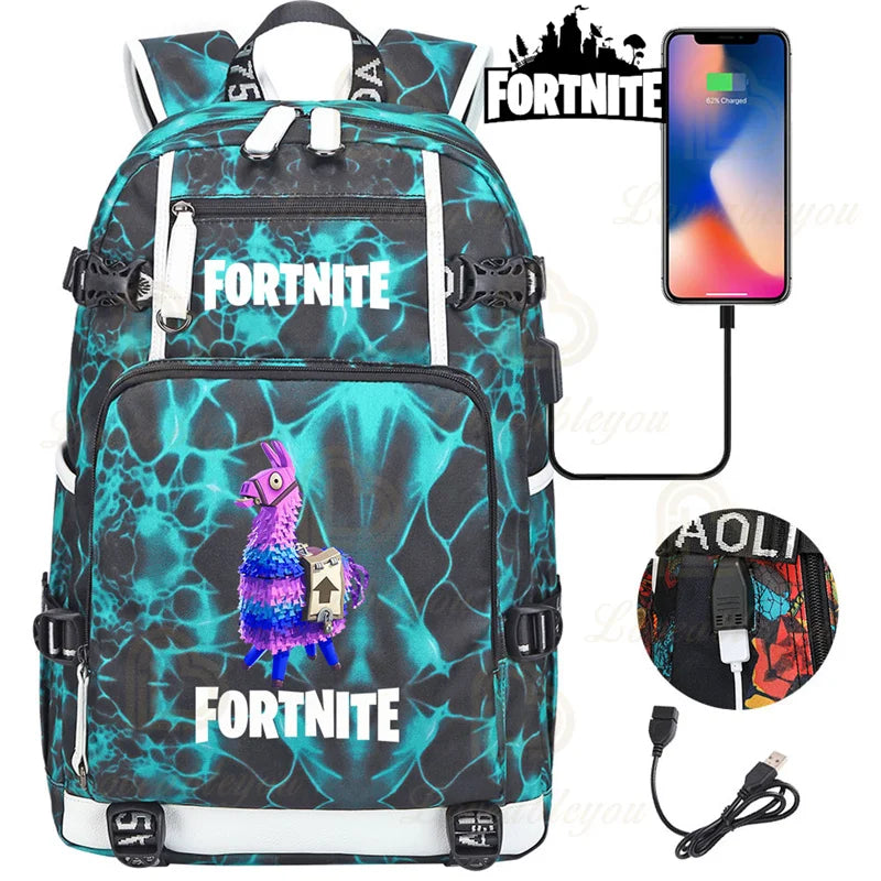 Mochila Red Jade F-Fortnited Battle Royale com carregamento USB, figuras anime e compartimento para material escolar para estudantes