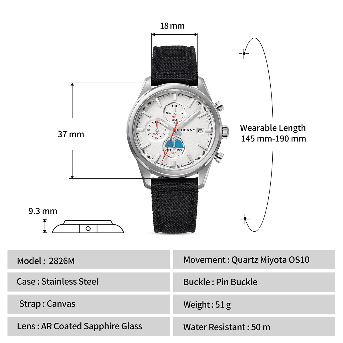 BERNY Top Quartz Chronograph Men's Watches Luminous Miyota 0S10 Sapphire AR Coated 5ATM Waterproof 2026 New Sports Men's Watches