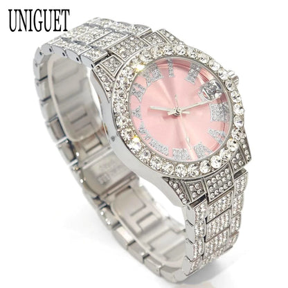 Hot Fashion Luxury Brand UNIGUET Womens Watch Elegant Pink Diamond Small Dial BlingBling Quartz Ladies Mini Iced Wristwatch Gift