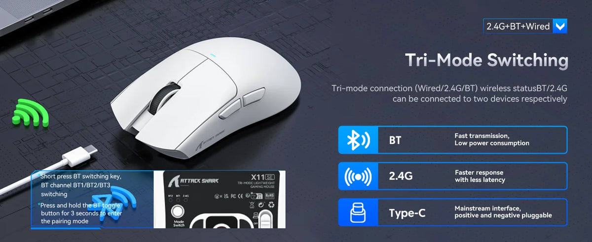 Безжична геймърска мишка ATTACK SHARK X11SE, Tri-Mode, суперлека 63g със сензор PAW3311, 22000 DPI, батерия 300mAh, двоен драйвер