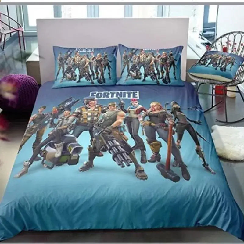 Set de lenjerie de pat Fortnite, 3 piese, imprimare 3D, lenjerii pentru dormitor, joc, desen animat, lenjerie decorativă, husă de pilotă, față de pernă, cadou de ziua de naștere