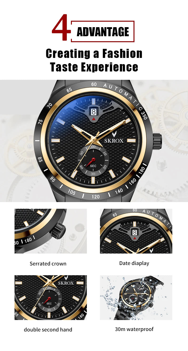 SKROX Luxury Sapphire Stainless Steel Automatic Movement Mechanical Clockwork Man Watch Military Waterproof Men's Wrist Watches