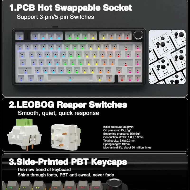 Teclado mecânico gaming AULA F75 RGB personalizado, layout 75%, gravação lateral, montagem gasket, 80 teclas, keycaps PBT em gradiente
