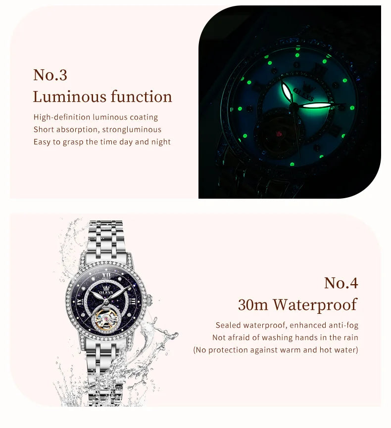 OLEVS Brand Fashion Women Mechanical Watches Starry Sky Dial Diamond Automatic Wristwatch Ladies Waterproof Luminous Clock Women