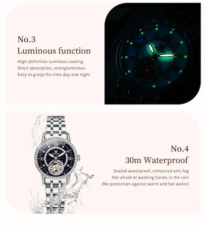 OLEVS Brand Fashion Women Mechanical Watches Starry Sky Dial Diamond Automatic Wristwatch Ladies Waterproof Luminous Clock Women