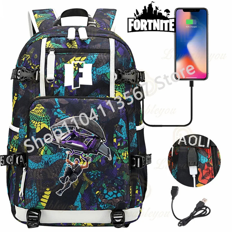 Mochila Red Jade F-Fortnited Battle Royale com carregamento USB, figuras anime e compartimento para material escolar para estudantes