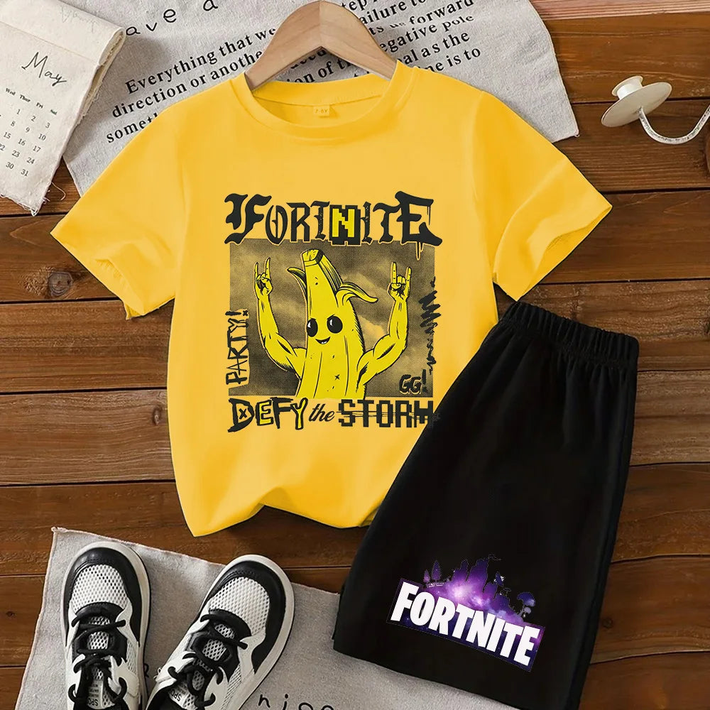 Conjunto de T-shirt e calções Fortnite Series para criança, top e calças inspirados em jogo popular, outfit de verão para casa, confortável e adorável, presente de aniversário