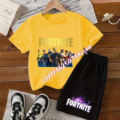 Conjunto infantil de verão Fortnite com t-shirt e calções anime, 2 peças, manga curta, algodão, casual, desportivo, presente