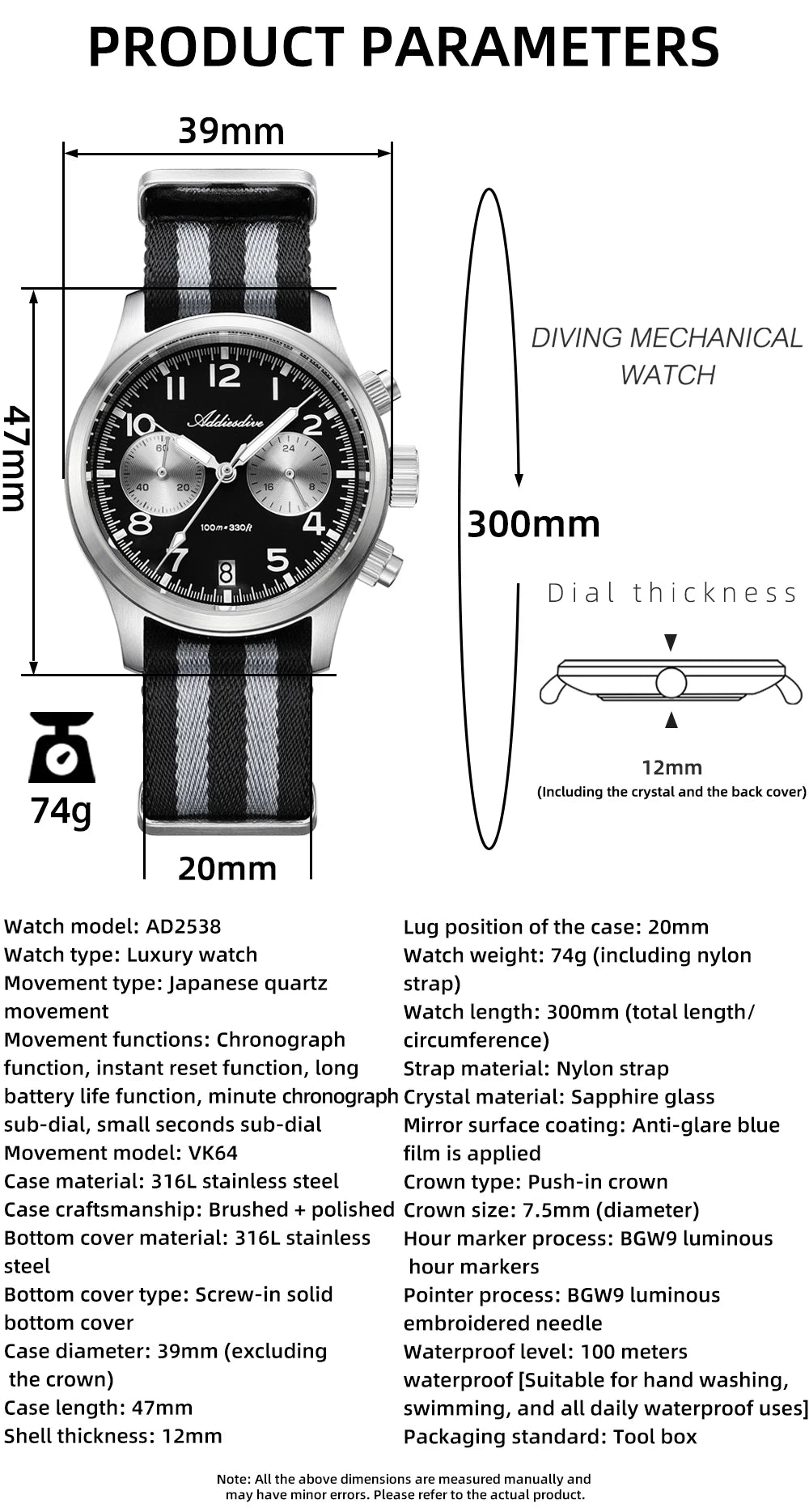 ADDIESDIVE 2025 New Panda Eye Men's Watches Retro Luxury VK64 Quartz Watch Sport Chronograph 100M Waterproof Luminous