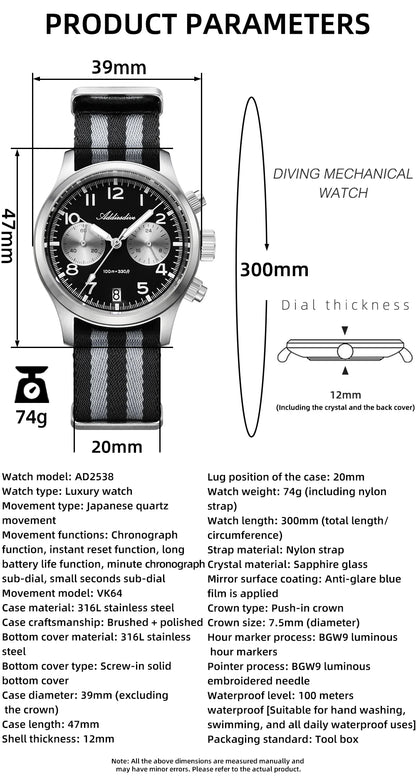 ADDIESDIVE 2025 Novo Relógio Masculino Panda Eye Retro de Luxo VK64 Quartz, Cronógrafo Desportivo para Homem, 100M Impermeável, Luminoso