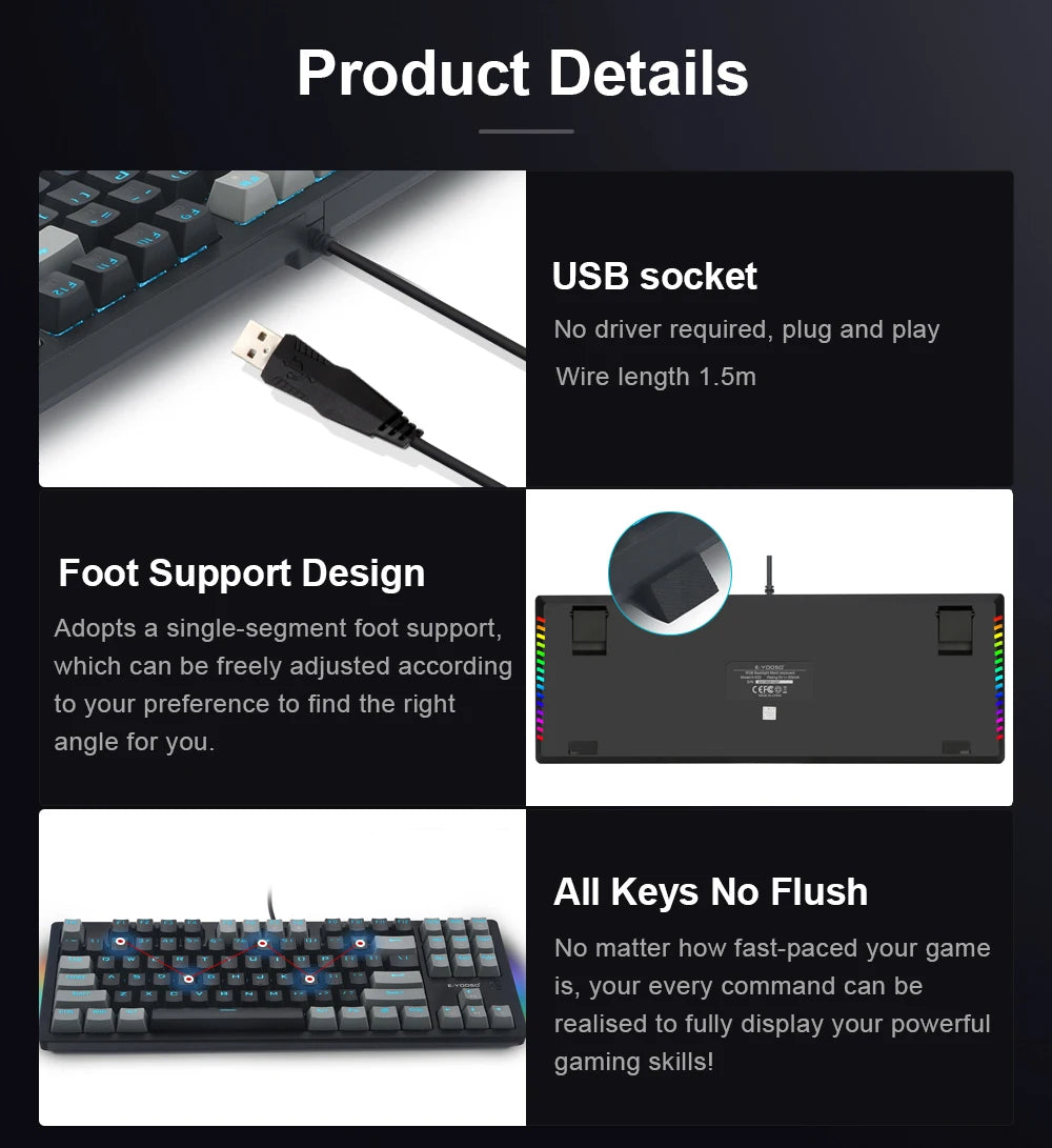 E-YOOSO K620 USB Mechanical Gaming Keyboard Wired Blue Red Switch Monochrome LED Backlit 87 Key for Computer Laptop PC