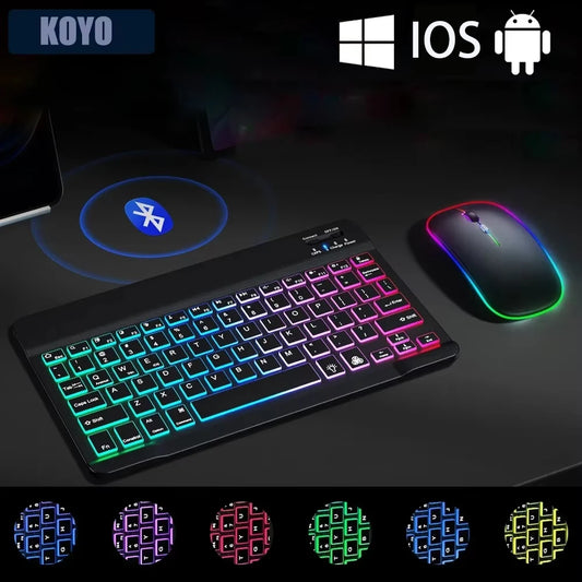Mini Backlit RGB 10-inch Bluetooth Keyboard Wireless Mouse Rechargeable for Spanish Russian Hebrew Korean French Arabic Portuguese