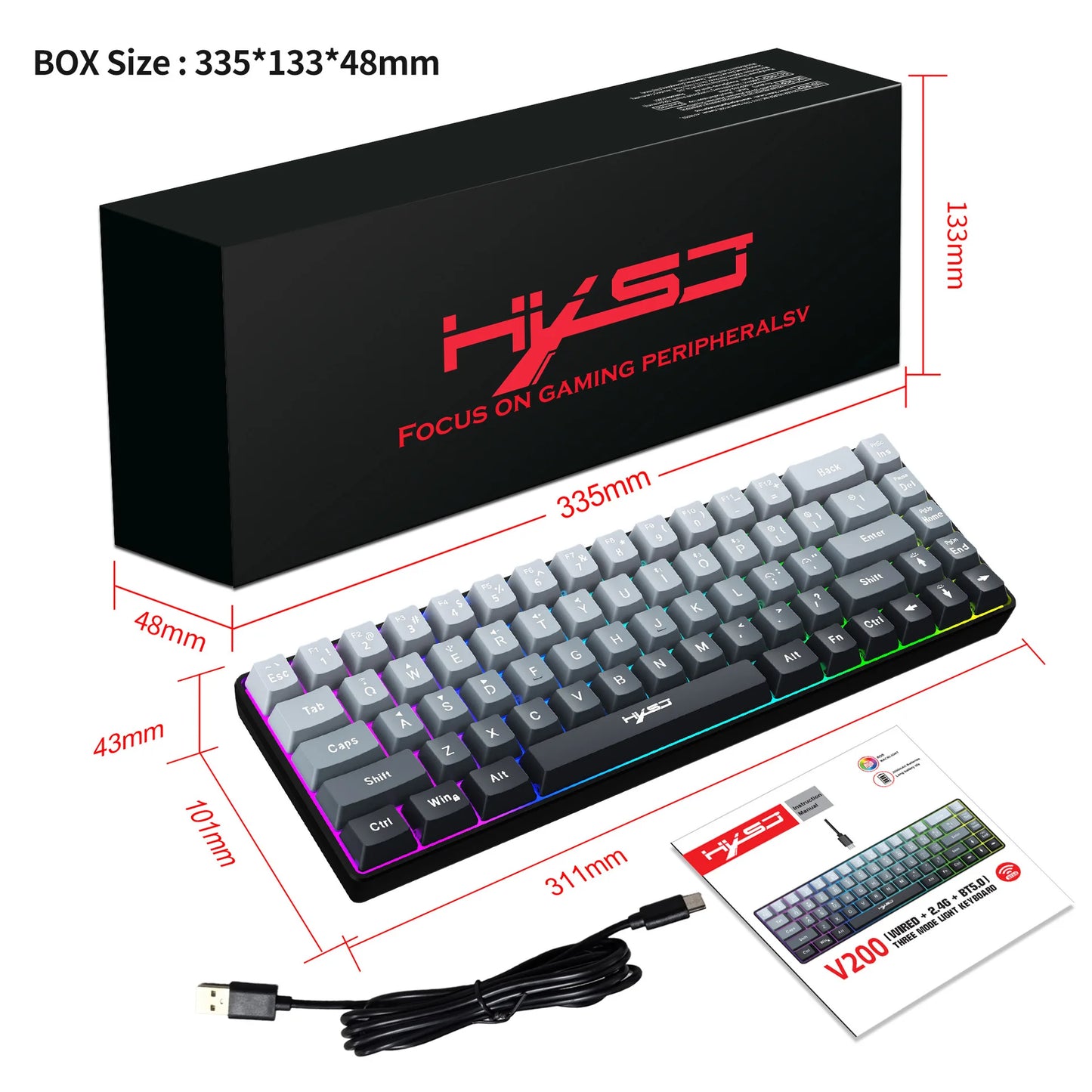 New 68% Three-Mode Wired/Wireless/Bluetooth Gaming Keyboard Gradual Change Gray RGB Backlight