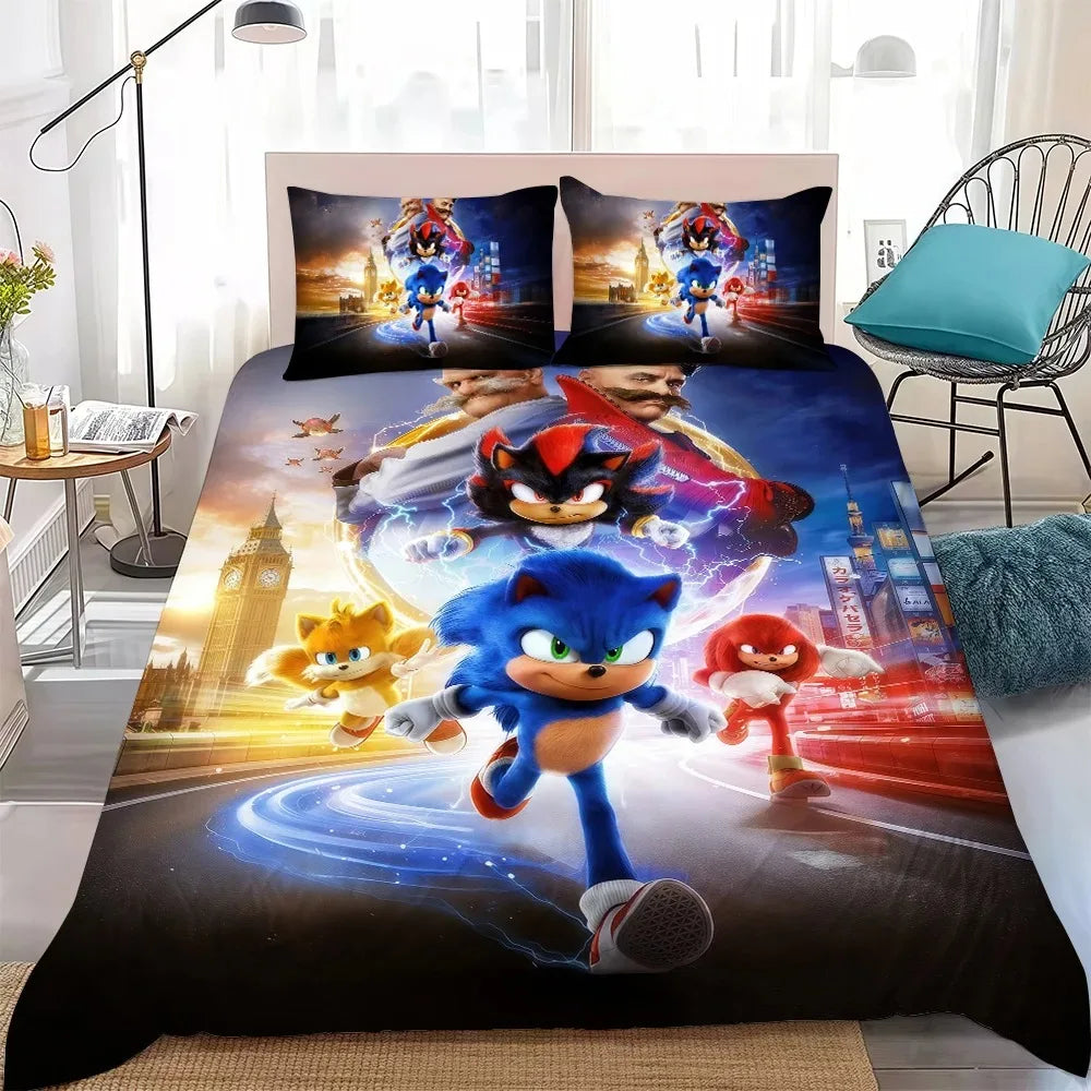 Conjunto de Capa de Edredão The Movie H-Hedgehog S-SonicES 3 em Algodão Lavado Macio, Roupa de Cama Confortável de Verão para Dormitório de Estudante e Casa, 2/3 Peças