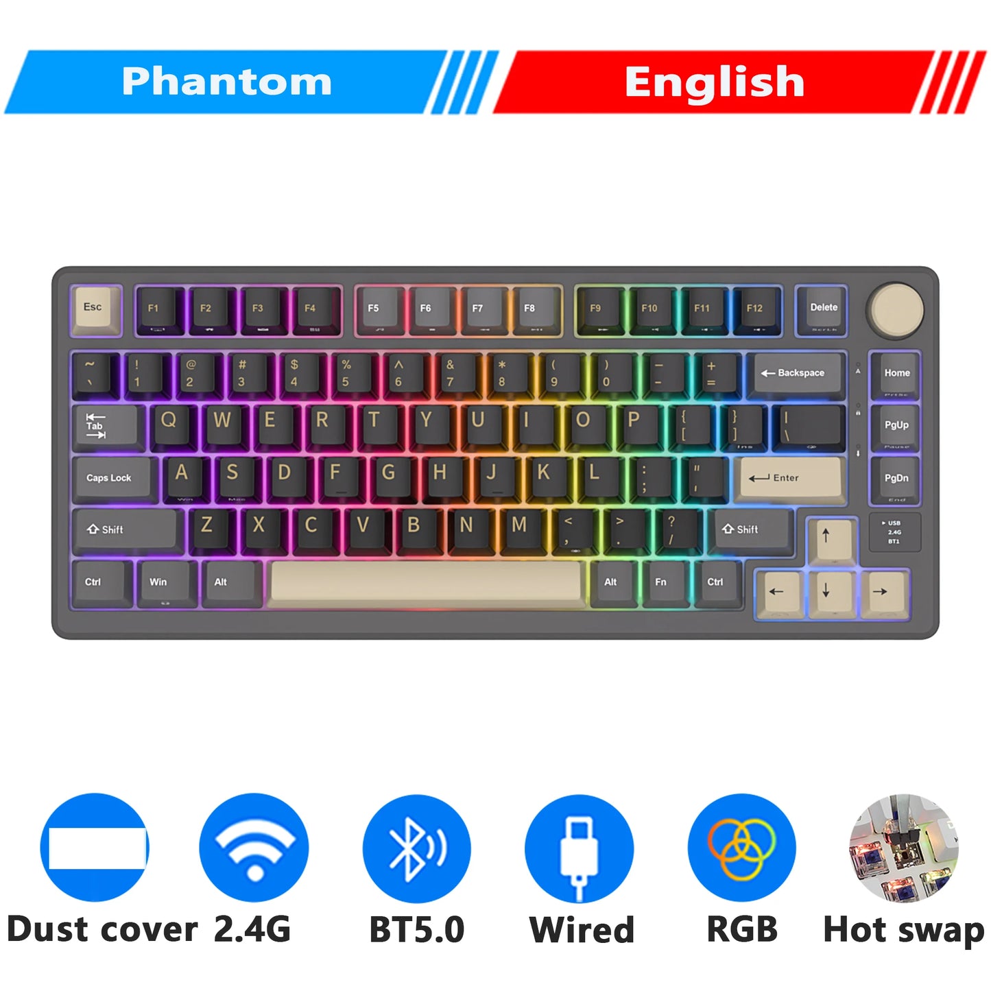 RK ROYAL KLUDGE M75 2.4G Wireless/Bluetooth/USB-C Mechanical Keyboard 81 Keys RGB Hot-Swappable Gasket Gamer Keyboard with Screen
