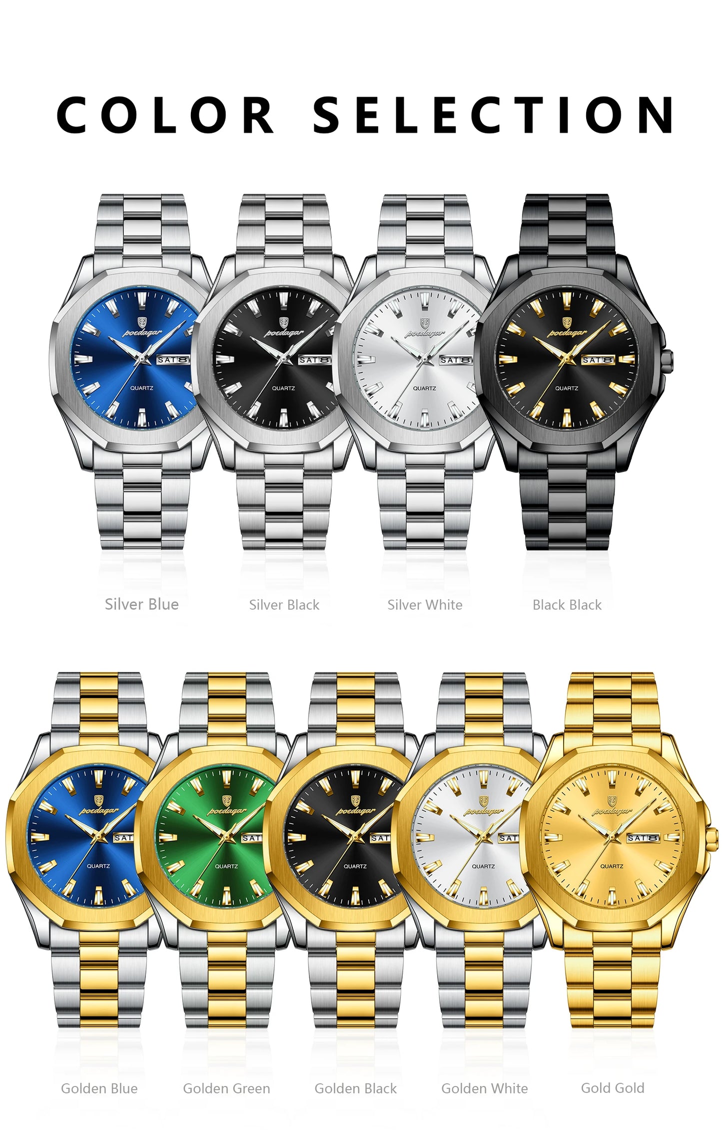 POEDAGAR Luxury Men Wristwatch Waterproof Luminous Week Date Casual Man Clock Stainless Steel Quartz Fashion Men's Watches Reloj
