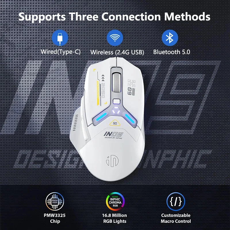 INPHIC IN9 Wireless Gaming Mouse Tri-Mode 2.4G Bluetooth & USB-C Wired, 12000 DPI RGB Programmable Gaming Mouse for PC & Laptop