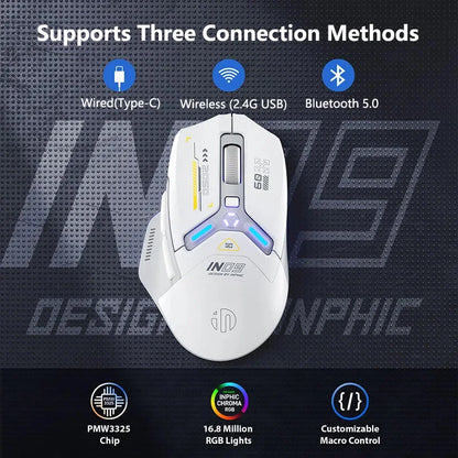 INPHIC IN9 Wireless Gaming Mouse Tri-Mode 2.4G Bluetooth & USB-C Wired, 12000 DPI RGB Programmable Gaming Mouse for PC & Laptop
