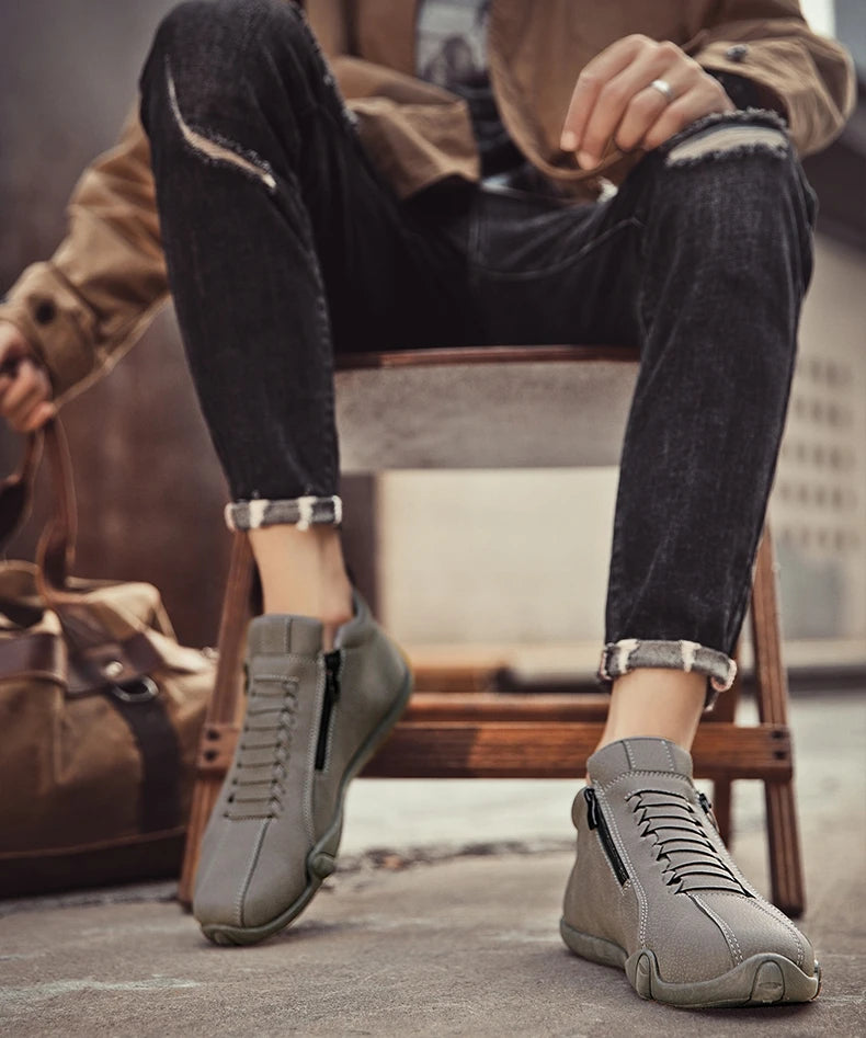 Men's Casual Shoes Side Zipper Short Boots Versatile Flat Bottom Trendy Fashionable Men's Shoes Suitable for Outdoor Sports