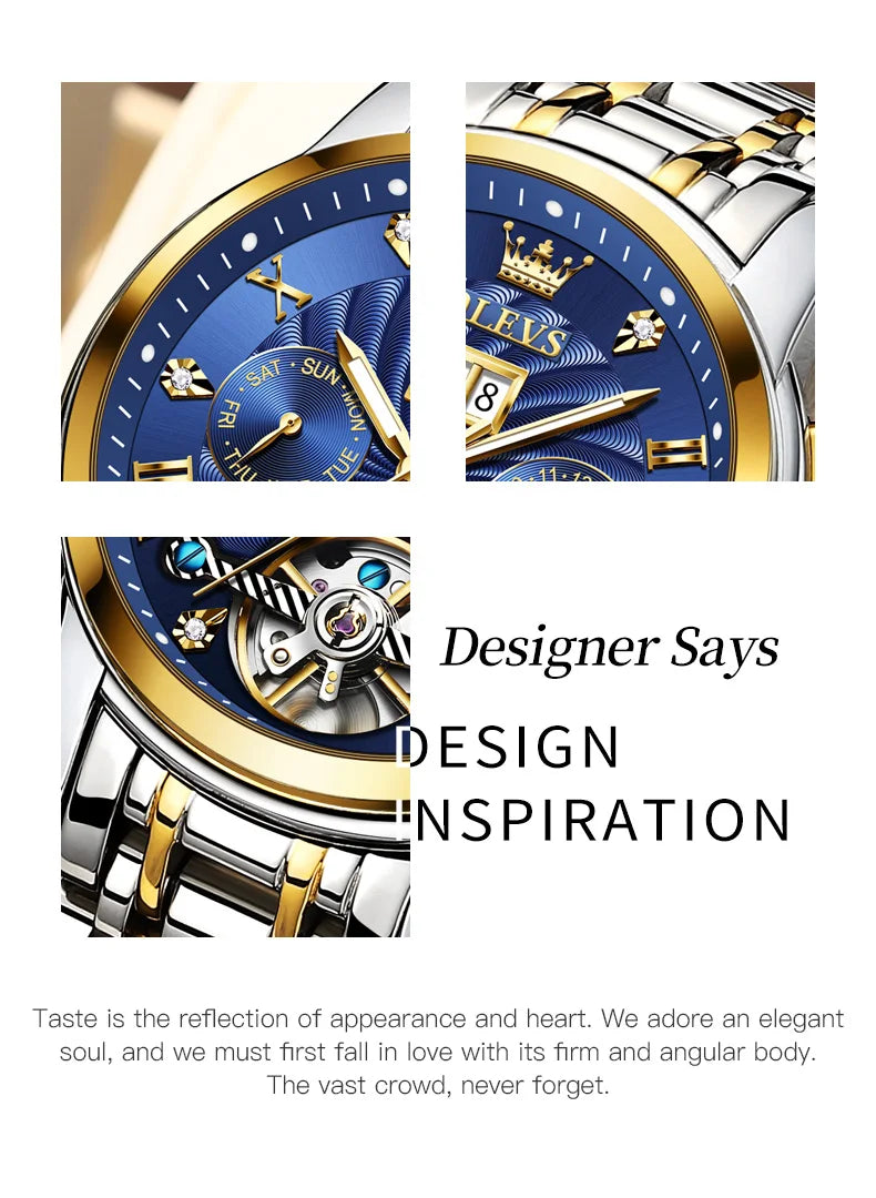 OLEVS 9910 Mens Watch Original Luxury Tourbillon Automatic Mechanical Watche Waterproof Luminous  Day-Date Watch With Box Reloj