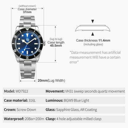 Watchdives WD7922 BB54 Watch VH31 Sweep Second Movement Sapphire Crystal 20bar Waterproof C3 Luminous 37mm Vintage Watches