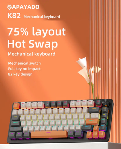75% Mechanical Keyboard Wired with Media Knob, APAYADO Black Gaming Keyboard, Hot-Swap, ABS Cap Transparent Character Backlighting
