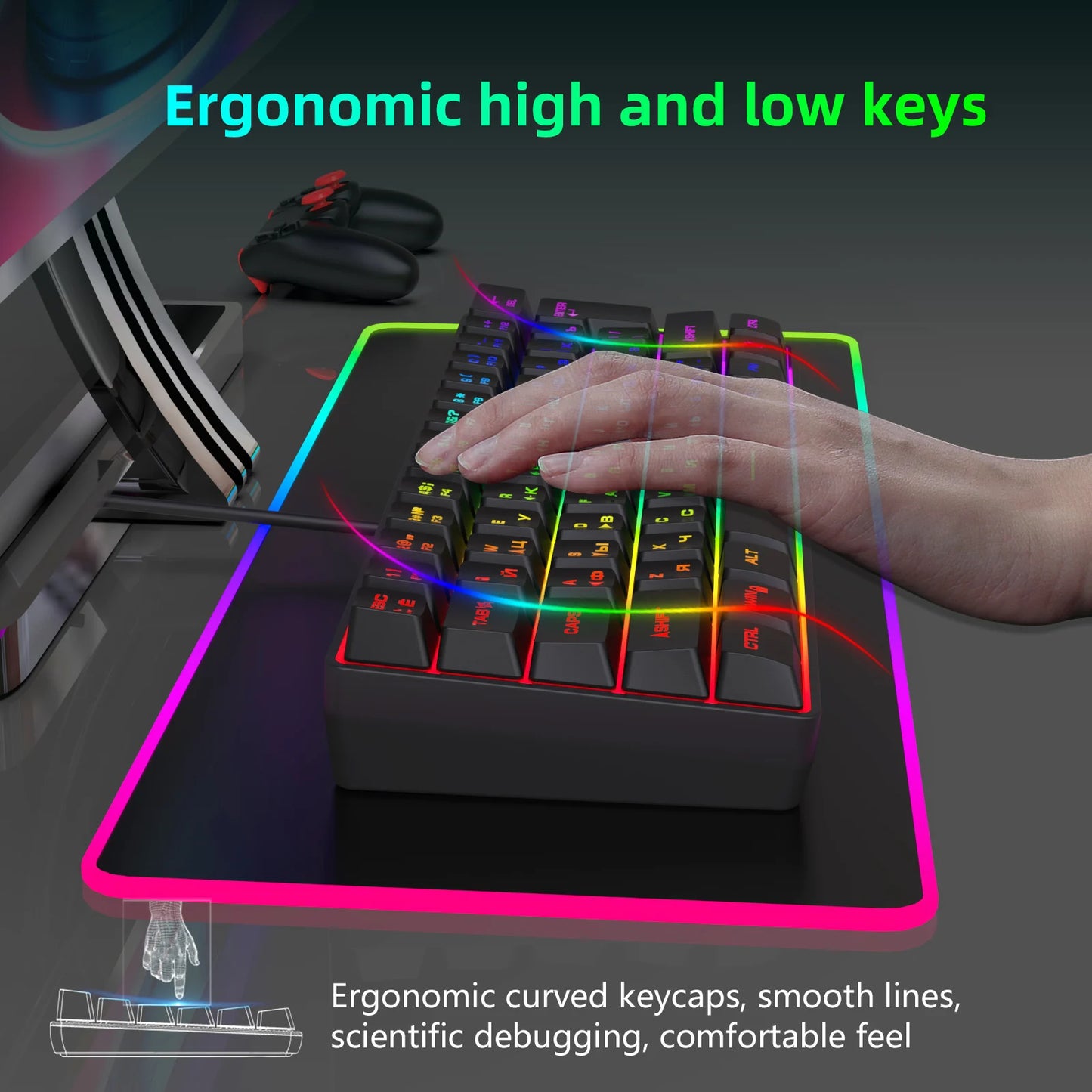 Gaming Keyboard, Russian/English RGB Backlit 61 Key Ultra-Compact Keyboard, Waterproof Mechanical Feeling Office Gaming Keyboards