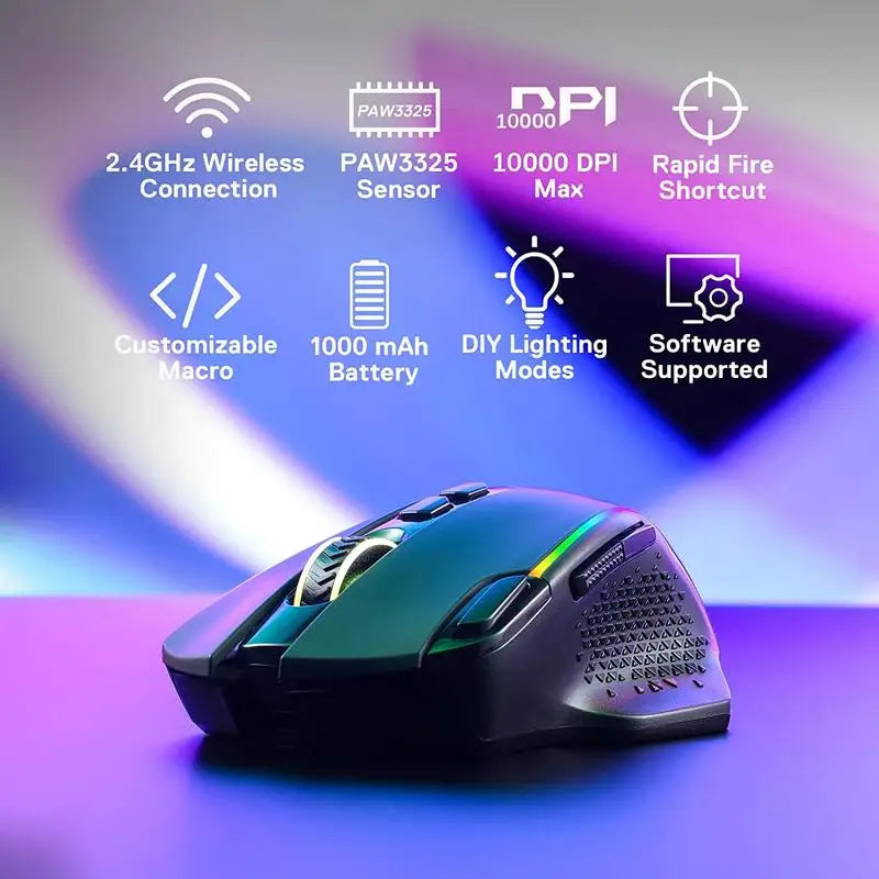 Rato Gaming Sem Fios Redragon M810 Pro, 10000 DPI, Rato Gamer com Fio c/ Tecla Rapid Fire, 8 Botões Macro, Rato Preto/Branco