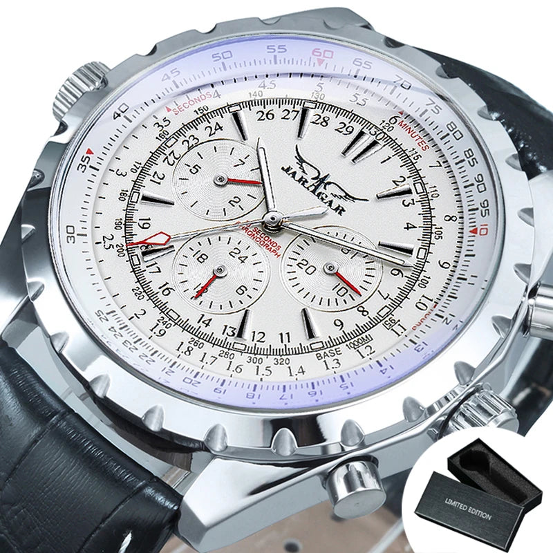 JARAGAR Men’s Luxury Automatic Mechanical Watch  Military Sport Design, Multifunction Dial & Leather Strap