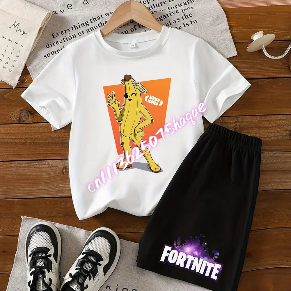 Conjunto de T-shirt e calções Fortnite Series para criança, top e calças inspirados em jogo popular, outfit de verão para casa, confortável e adorável, presente de aniversário
