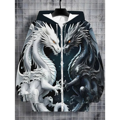 Mens Dragon Print Zipper Hoodie Outdoor Activities Travel Drawstring Long Sleeve Hoodies Autumn Winter Oversize Man Sweatshirts