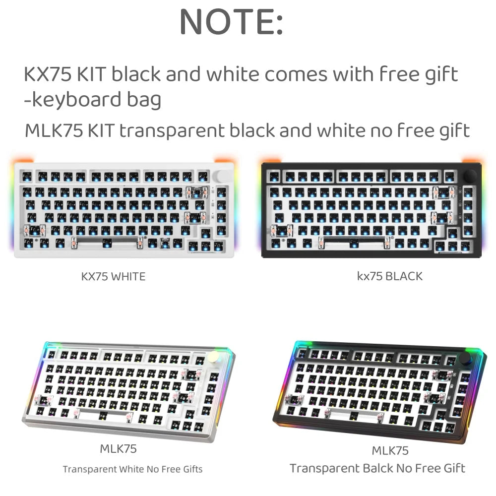 MAIMOOO KX75 75% Keyboard Kit Hotswap Transparent Full RGB Backlit 2.4GHz/Bluetooth Macro Custom DIY Mechanical Keyboard