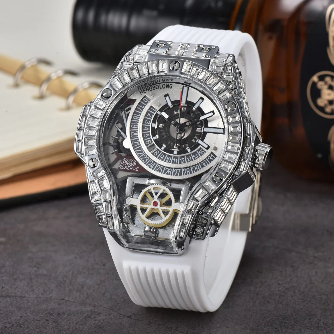 Full diamond Case Business Luxury Top Mens Watches Rubber Strap Color Creative Decorative Quartz Watch Men AAA Clocks Relogio