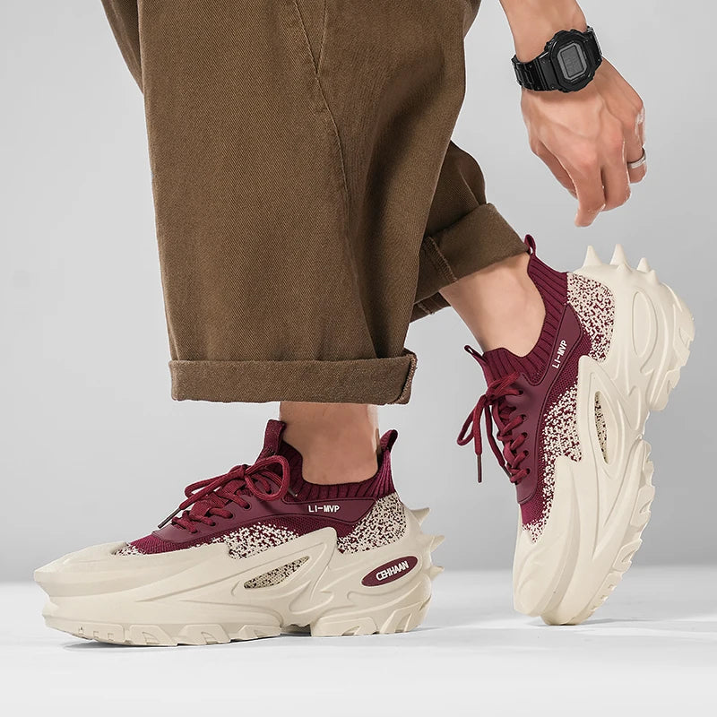 Mens Sports Shoes Elastic Thick Soled Anti Slip Outdoor Fitness Shoes Versatile Daily Wear Casual Street Fashion Walking Shoes