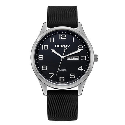 BERNY Men's Watches Luminous Calendar Week Quartz Men Watch Casual Soft Silicone Strap Easy Read Big Dial Sports Wristwatch