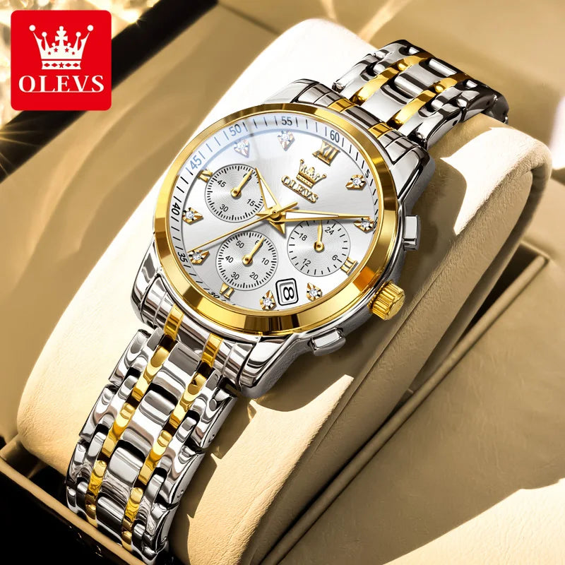 OLEVS 2858 Chronograph Quartz Wristwatches for Woman Fashion Elegant Classic Auto Date Waterproof Stainless Steel Women's Watch