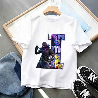 T-shirt Infantil Branco Fortnite com Estampado Alfabeto A-Z — Roupa de Verão, Jogo de Desenhos Animados Popular, Manga Curta Casual, Presente de Moda