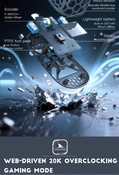 Rato Gaming Sem Fios Darmoshark M5Air em Fibra de Carbono Forjada 8K, PAW3950, 30K DPI, para Mãos Pequenas, Pegada Fingertip, Macros de Jogo, Leve